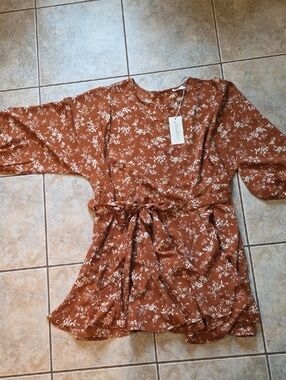 Women's Rust Floral Tie-Waist Dress